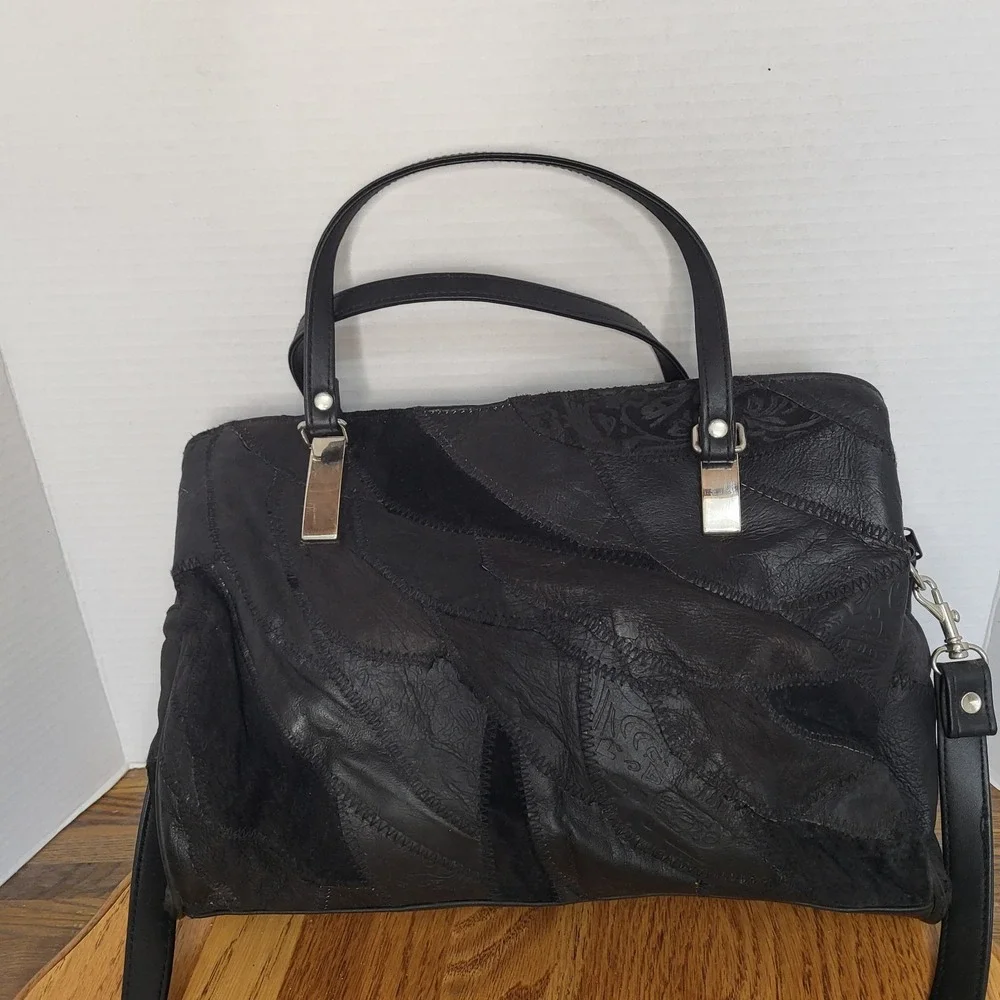 VTG Black Leather Patchwork Purse Shoulder Bag Handbag Hippie‎ Boho